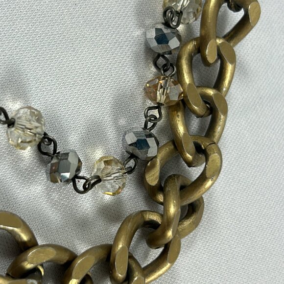 Chunky Beaded Multi Stone Retro Look Two Tier Necklace 14-16" Gold Tone Chain - Picture 5 of 10